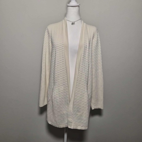 Eileen Fisher Textured Silk Blend Ivory Knit Costal Chic Open Cardigan MSRP $395 - Picture 3 of 13